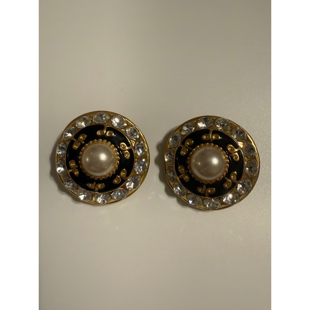 Vintage Gold Tone‎ Black Enamel Faux Pearl Rhinestone Round Clip On Earrings